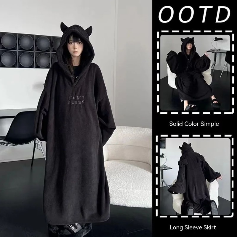 Womens Thickened Oversized Hooded Padded Pajama Dress Warm Winter Homewear 5