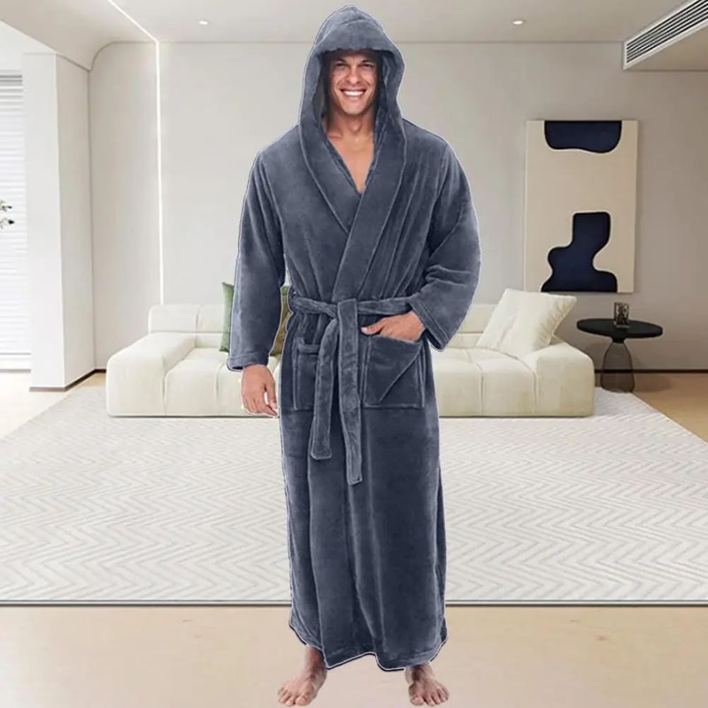 Mens Hooded Flannel Bathrobe Long Soft Lounging Sleepwear Robe 1