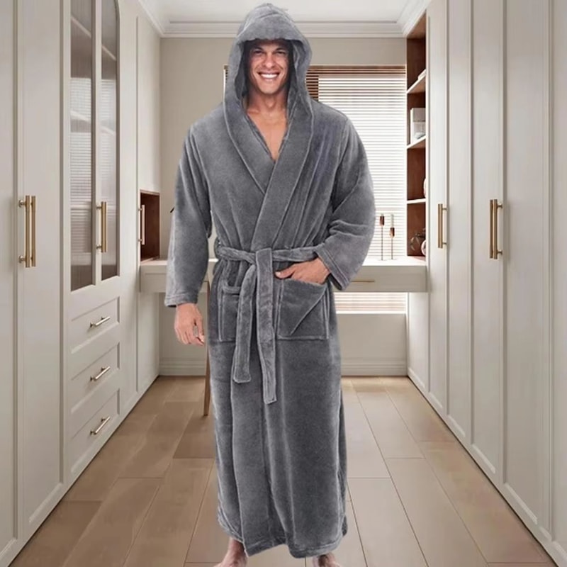 Mens Hooded Flannel Bathrobe Long Soft Lounging Sleepwear Robe 3