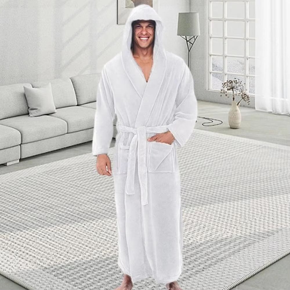 Mens Hooded Flannel Bathrobe Long Soft Lounging Sleepwear Robe 4