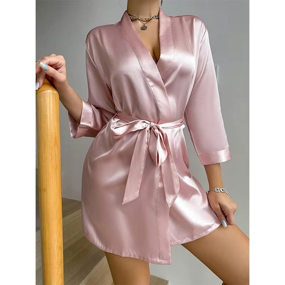 Womens Satin Kimono Bathrobe With Belt Soft Spa And Bridesmaid Robe 8