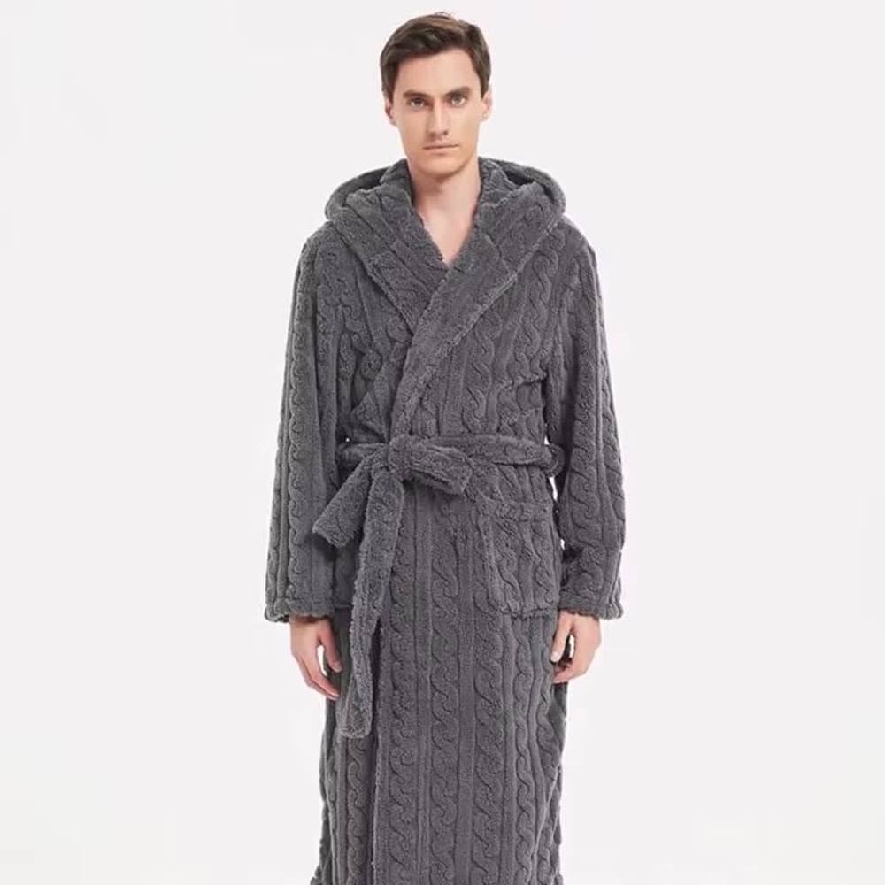 Mens Hooded Thickened Velvet Jacquard Warm Homewear Robe 0