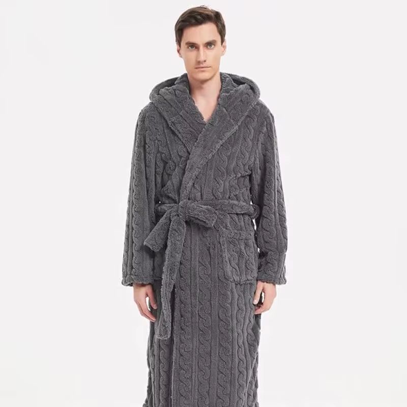 Mens Hooded Thickened Velvet Jacquard Warm Homewear Robe 0