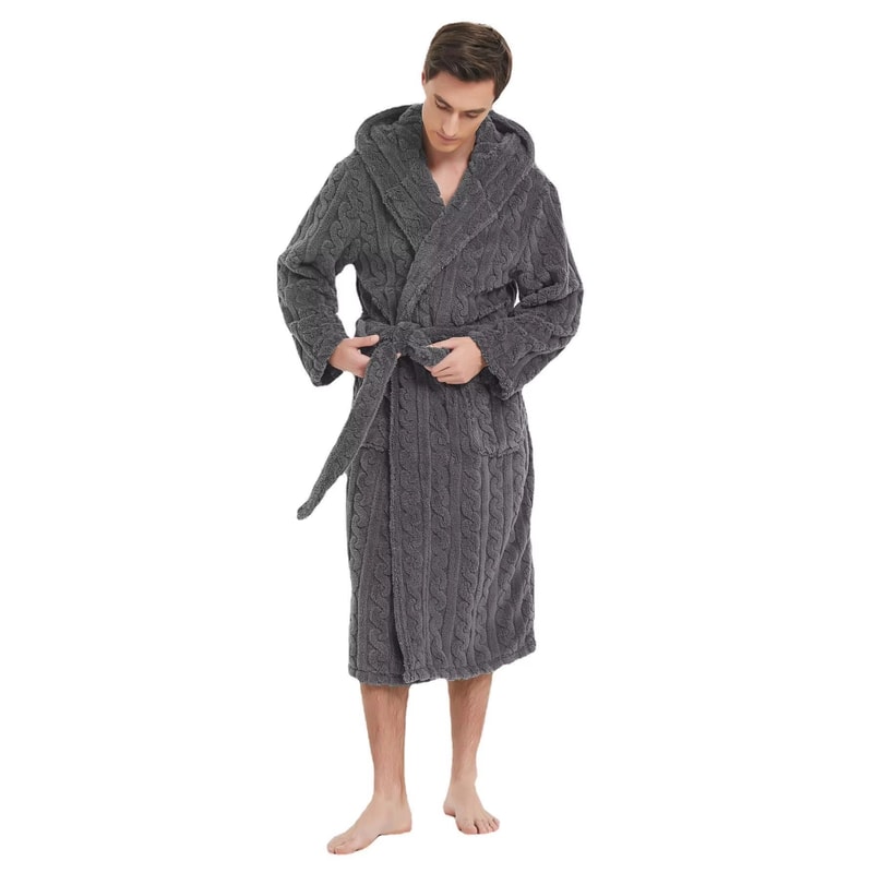 Mens Hooded Thickened Velvet Jacquard Warm Homewear Robe 9