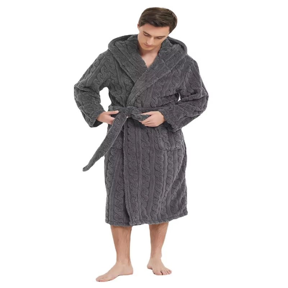 Mens Hooded Thickened Velvet Jacquard Warm Homewear Robe 4