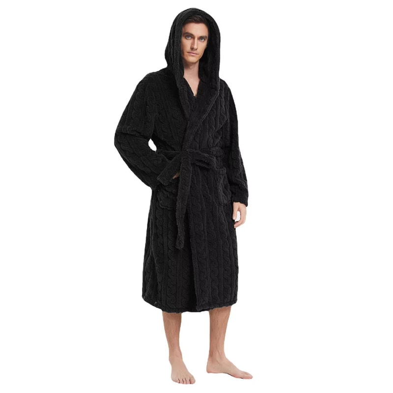 Mens Hooded Thickened Velvet Jacquard Warm Homewear Robe 6
