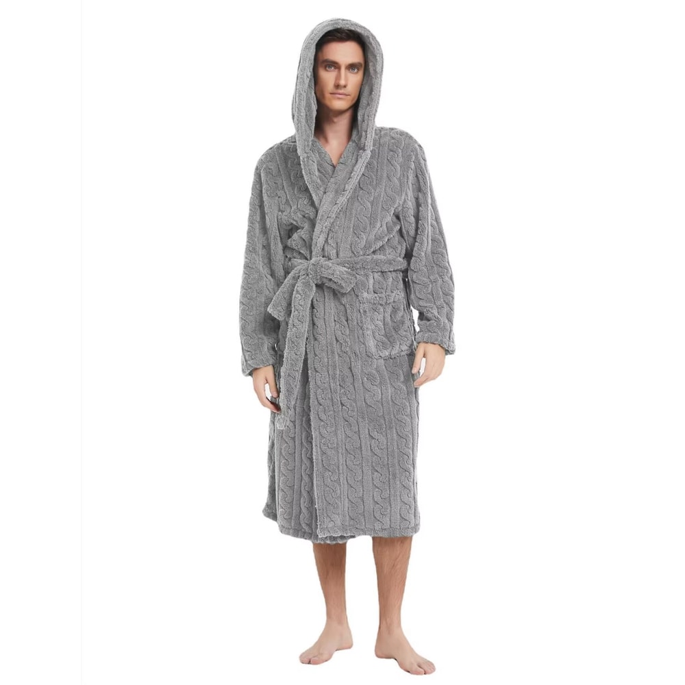 Mens Hooded Thickened Velvet Jacquard Warm Homewear Robe 8