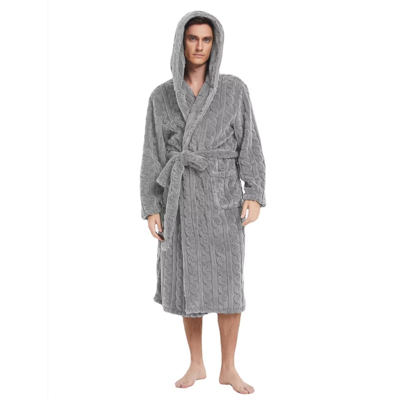 Mens Hooded Thickened Velvet Jacquard Warm Homewear Robe 8