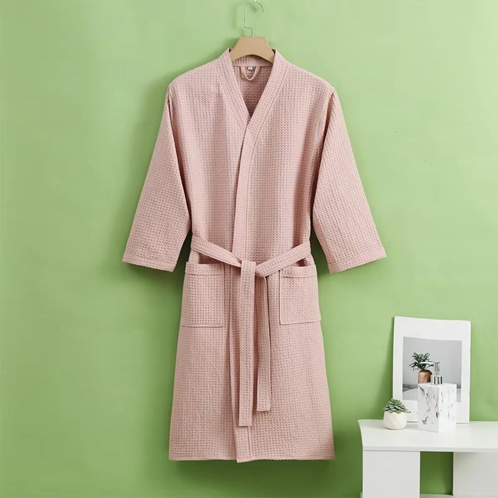 Unisex Cotton Waffle QuickDry Bathrobe For Couples AllSeason Home Spa Wear 9