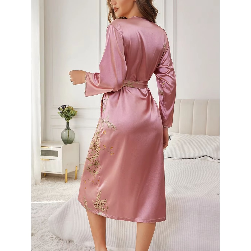 Womens Elegant Floral Silk Robe Long Sleeve Breathable Loungewear 1