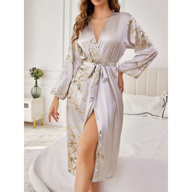 Womens Elegant Floral Silk Robe Long Sleeve Breathable Loungewear 10