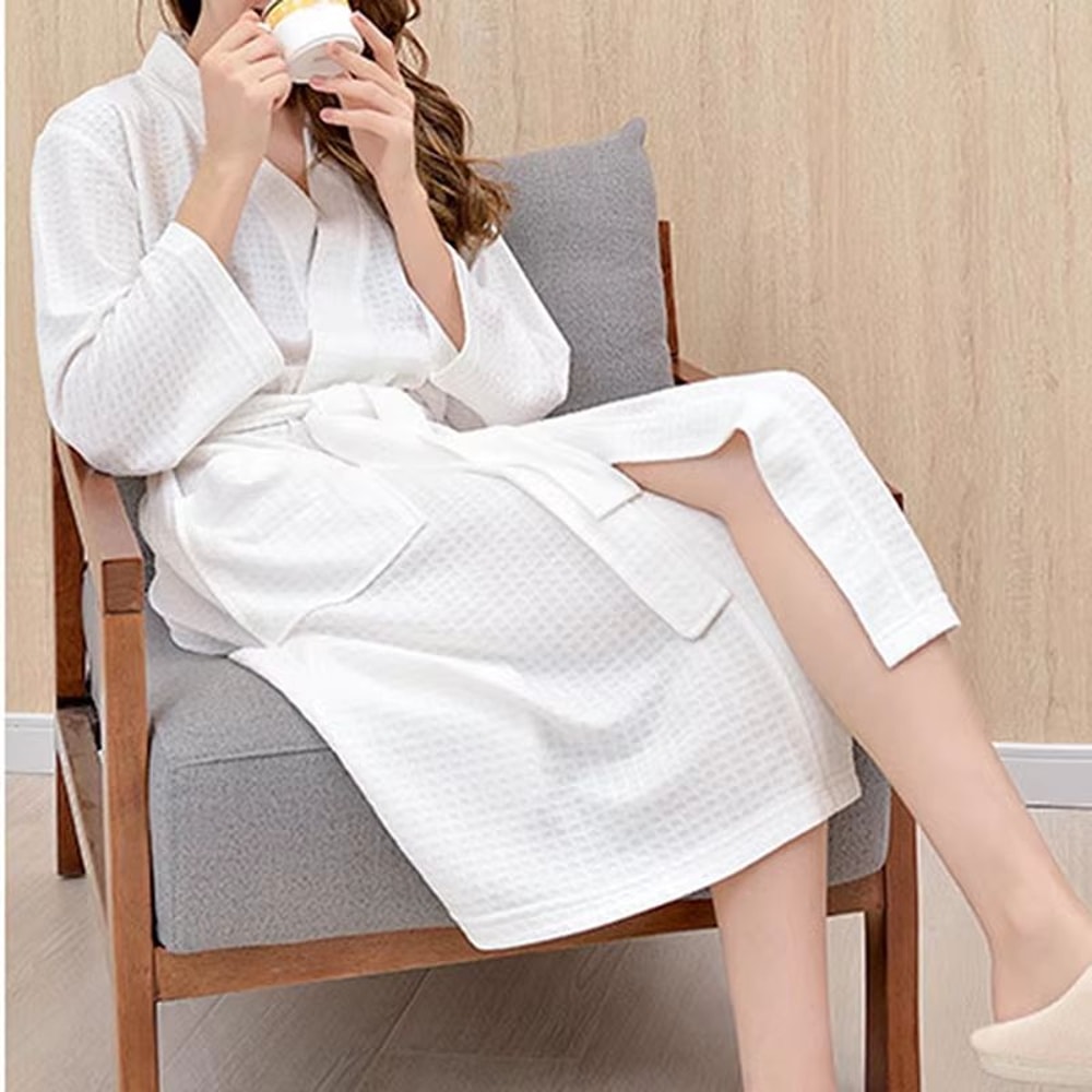 Unisex Waffle Cotton Bathrobe Long Shower Sleepwear For Women And Men 4