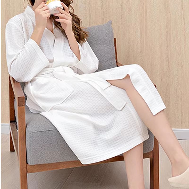 Unisex Waffle Cotton Bathrobe Long Shower Sleepwear For Women And Men 4