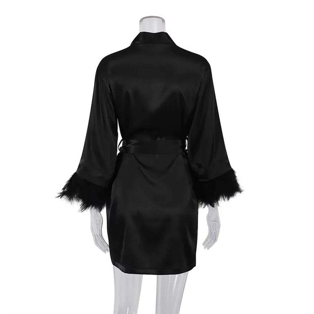 Womens White Satin FeatherTrimmed Bathrobe Elegant Bridal Sleepwear 3