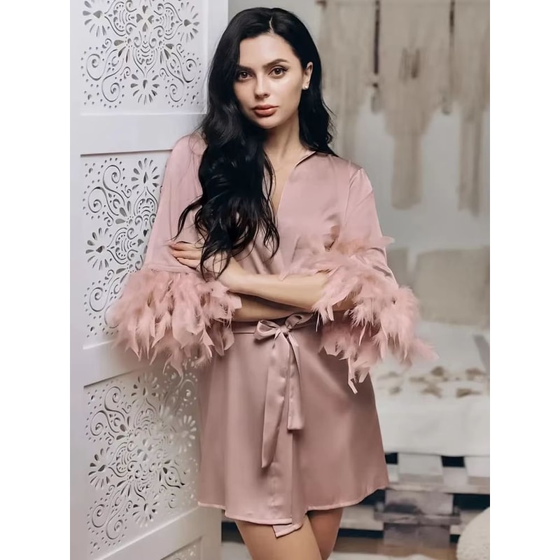 Womens White Satin FeatherTrimmed Bathrobe Elegant Bridal Sleepwear 6