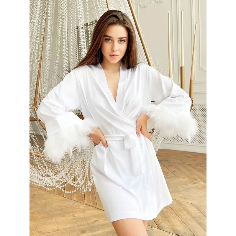 Womens White Satin FeatherTrimmed Bathrobe Elegant Bridal Sleepwear 8