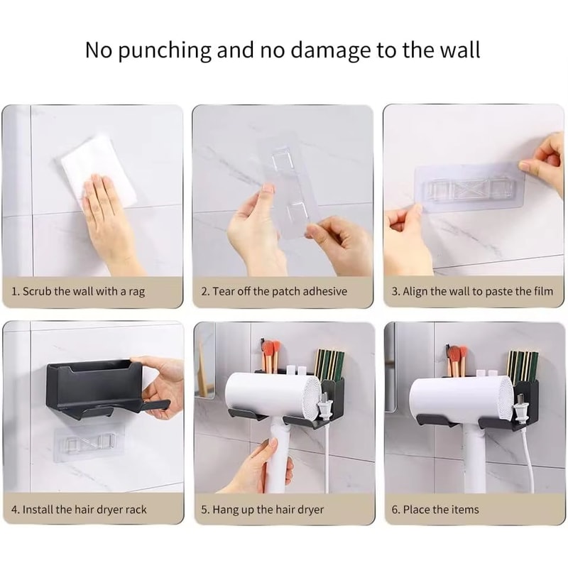 Wall Mounted Hair Dryer Holder MultiFunctional Storage Rack 1