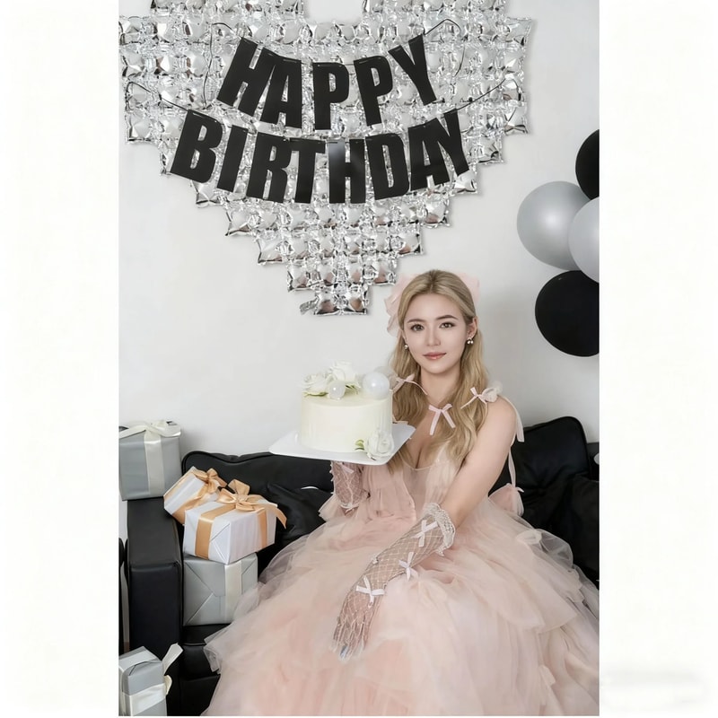 Happy Birthday Silver Mosaic Heart Balloon Backdrop With Black Glitter Banner 4