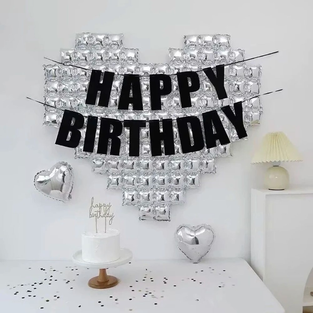 Happy Birthday Silver Mosaic Heart Balloon Backdrop With Black Glitter Banner 5