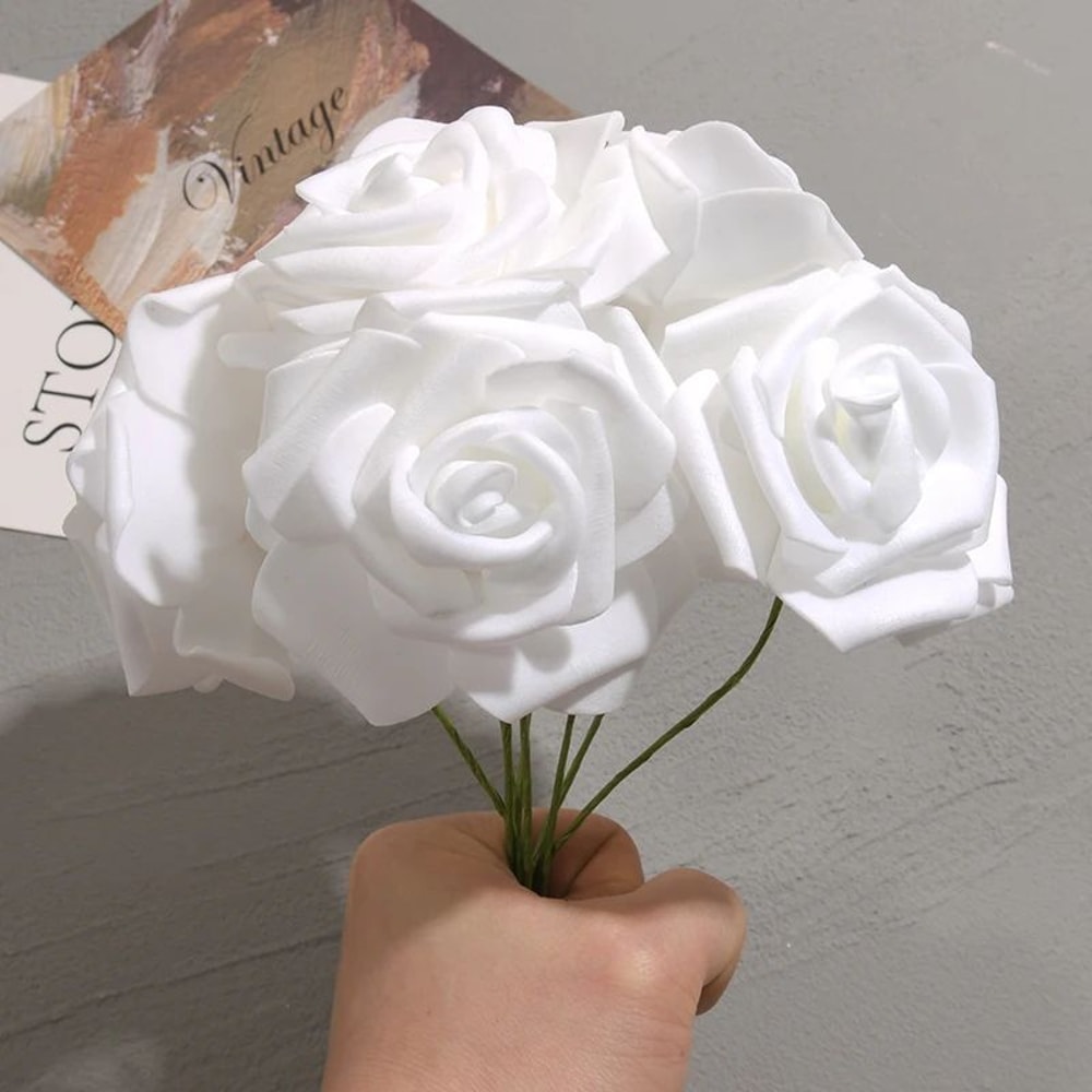 50Pack White PE Rose Artificial Flower Heads With Stems For DIY Decor 3