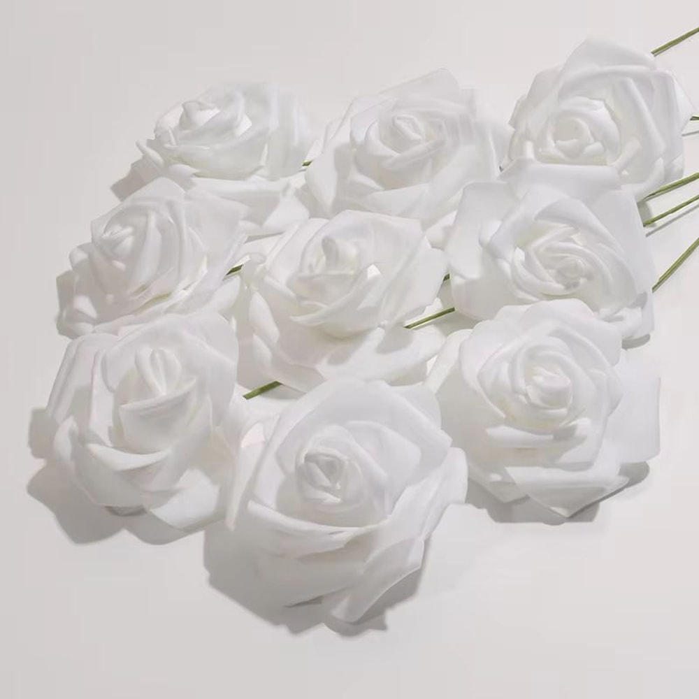 50Pack White PE Rose Artificial Flower Heads With Stems For DIY Decor 5