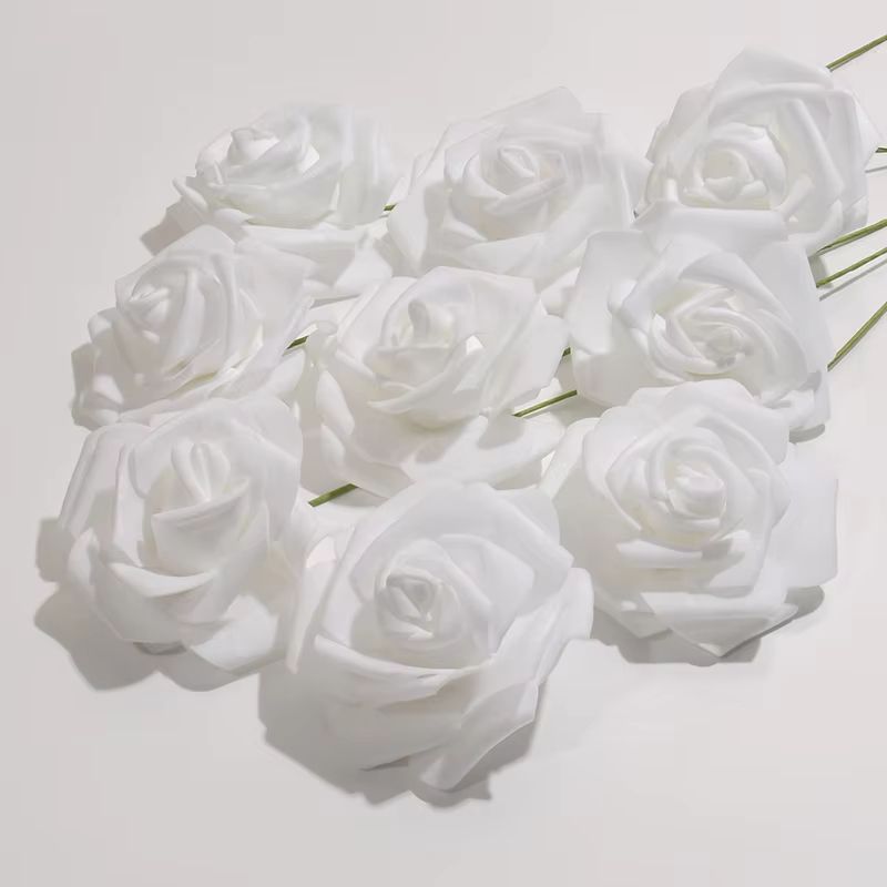 50Pack White PE Rose Artificial Flower Heads With Stems For DIY Decor 5