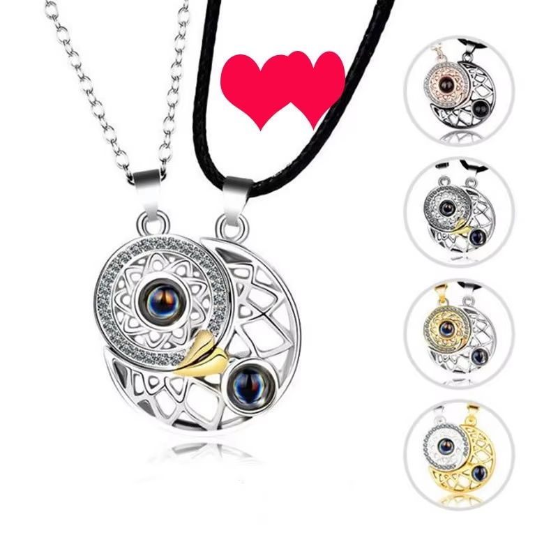 Magnetic Couple Matching Necklace Set With I Love You Projection Pendant 1