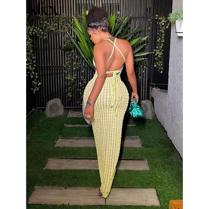 Kliou Solid Ruched Spaghetti Strap Maxi Dress For Women 1