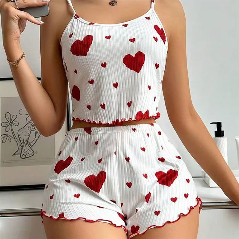 Womens 2 PCS Pajamas Set Soft Short Tank Top And Shorts Sleepwear In White With Love Print 0