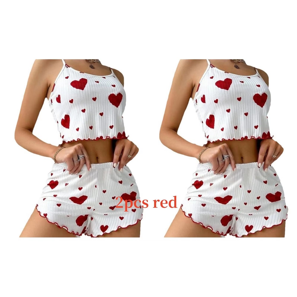 Womens 2 PCS Pajamas Set Soft Short Tank Top And Shorts Sleepwear In White With Love Print 12