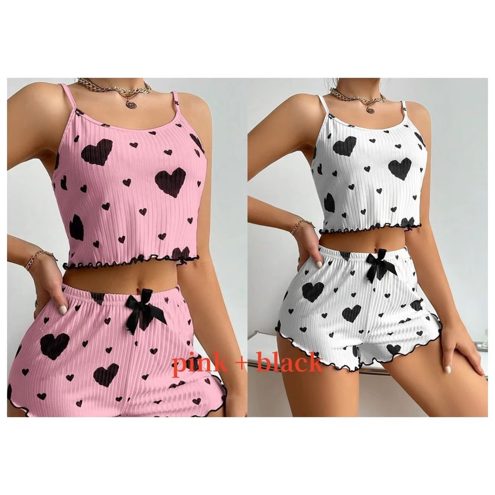 Womens 2 PCS Pajamas Set Soft Short Tank Top And Shorts Sleepwear In White With Love Print 14