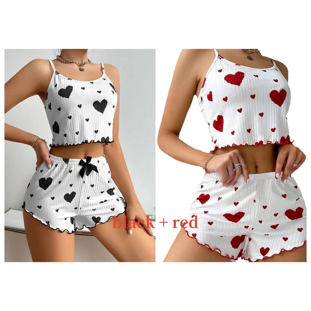 Womens 2 PCS Pajamas Set Soft Short Tank Top And Shorts Sleepwear In White With Love Print 15