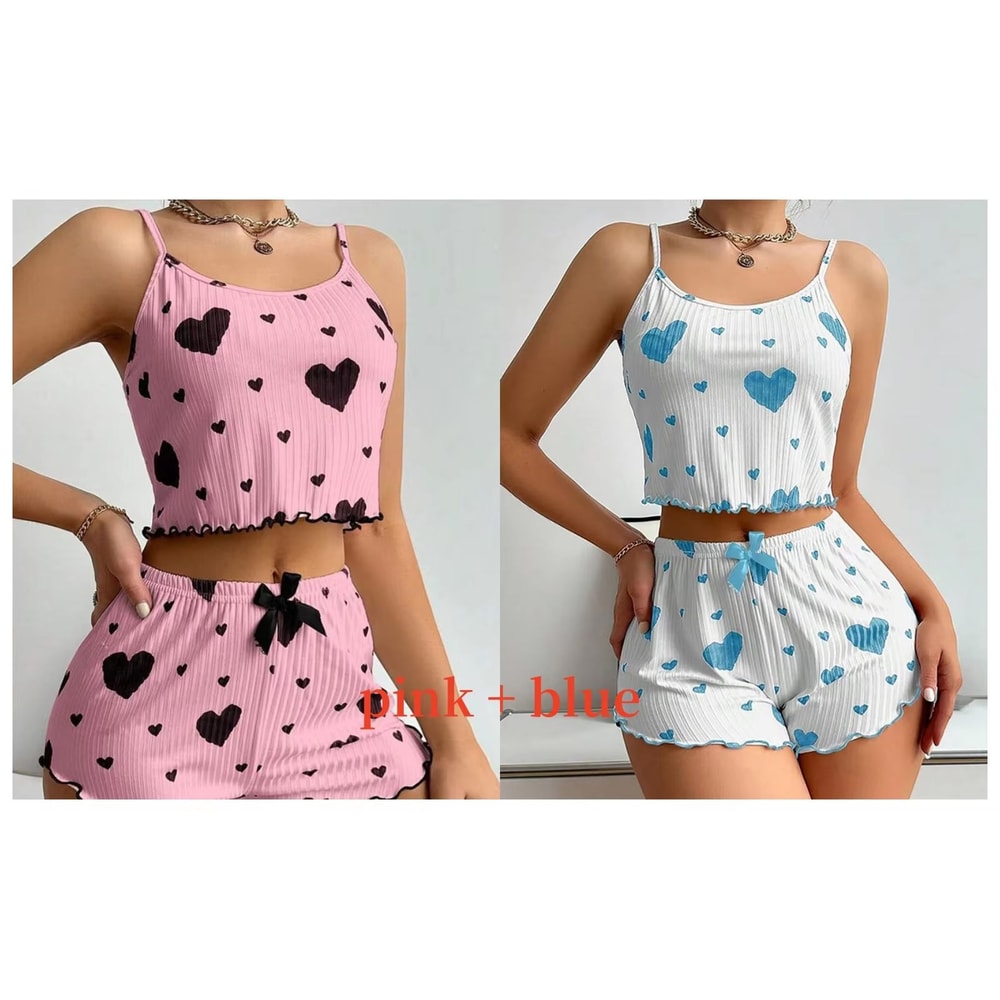 Womens 2 PCS Pajamas Set Soft Short Tank Top And Shorts Sleepwear In White With Love Print 16