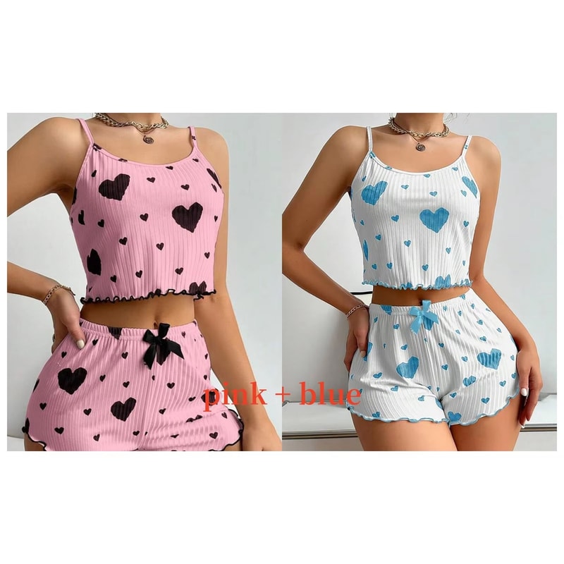 Womens 2 PCS Pajamas Set Soft Short Tank Top And Shorts Sleepwear In White With Love Print 16