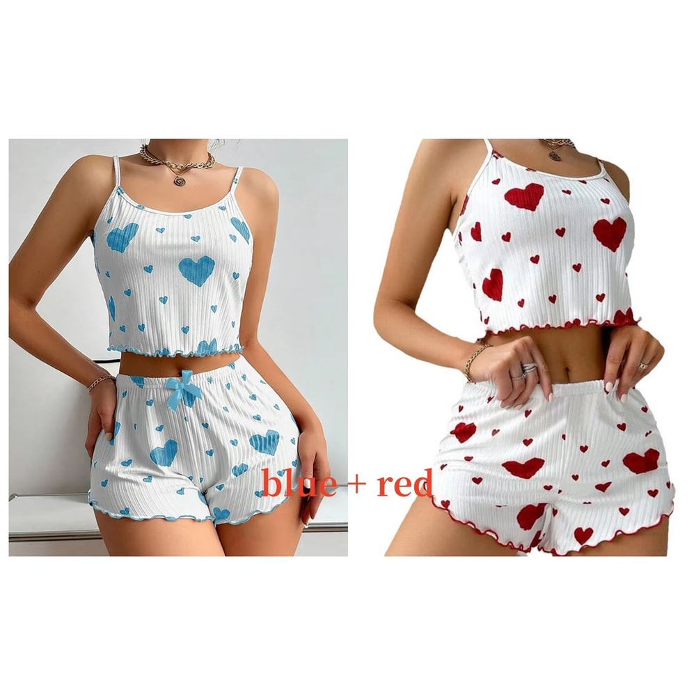 Womens 2 PCS Pajamas Set Soft Short Tank Top And Shorts Sleepwear In White With Love Print 17