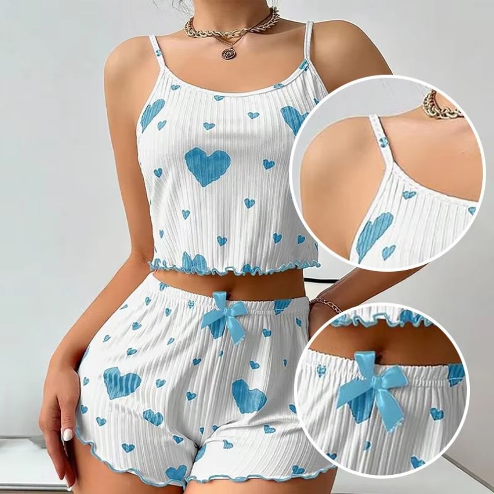Womens 2 PCS Pajamas Set Soft Short Tank Top And Shorts Sleepwear In White With Love Print 5