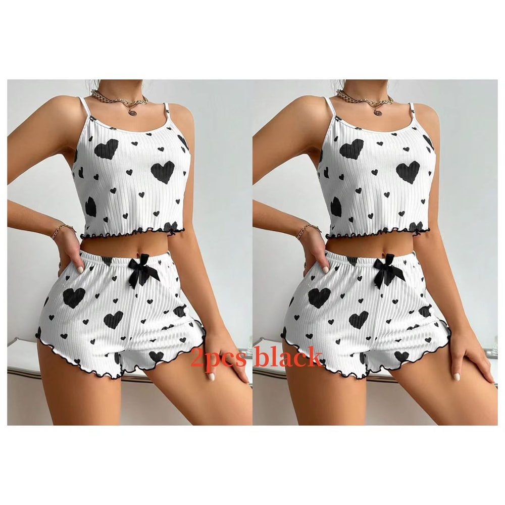 Womens 2 PCS Pajamas Set Soft Short Tank Top And Shorts Sleepwear In White With Love Print 7
