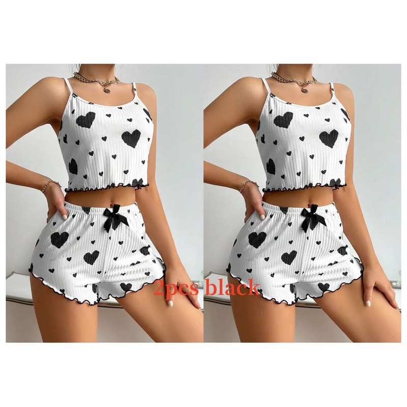 Womens 2 PCS Pajamas Set Soft Short Tank Top And Shorts Sleepwear In White With Love Print 7