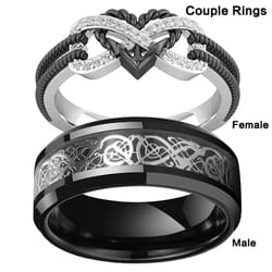 stainless steel celtic dragon and heart zircon couple ring set for men and women