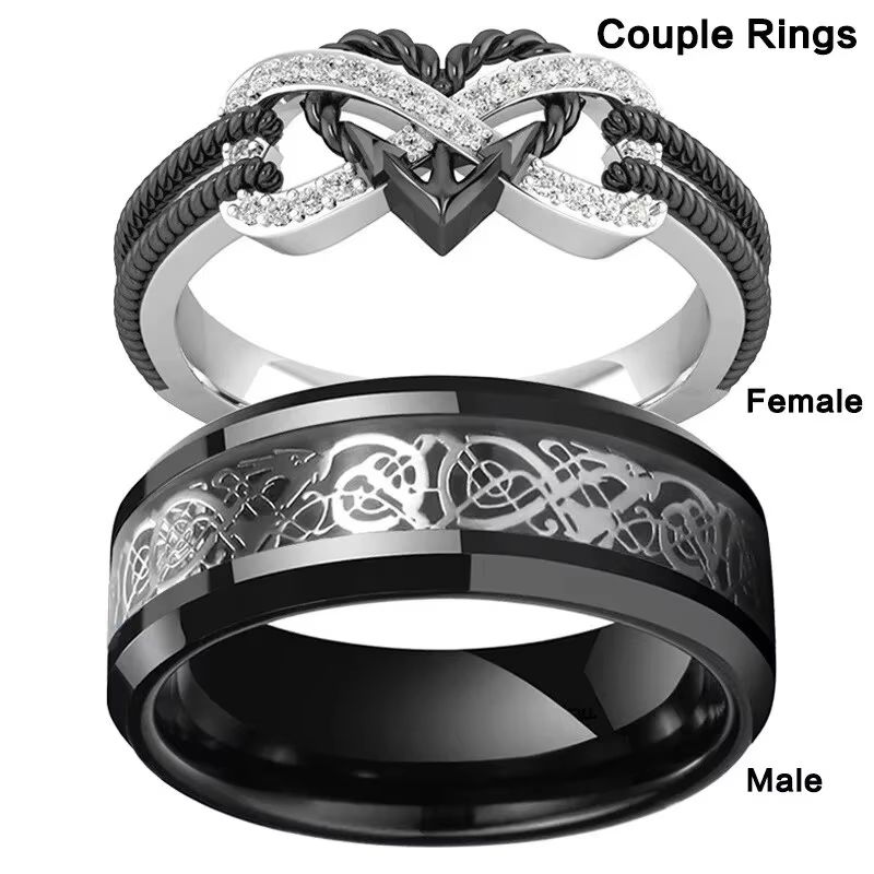 Stainless Steel Celtic Dragon And Heart Zircon Couple Ring Set For Men And Women 0