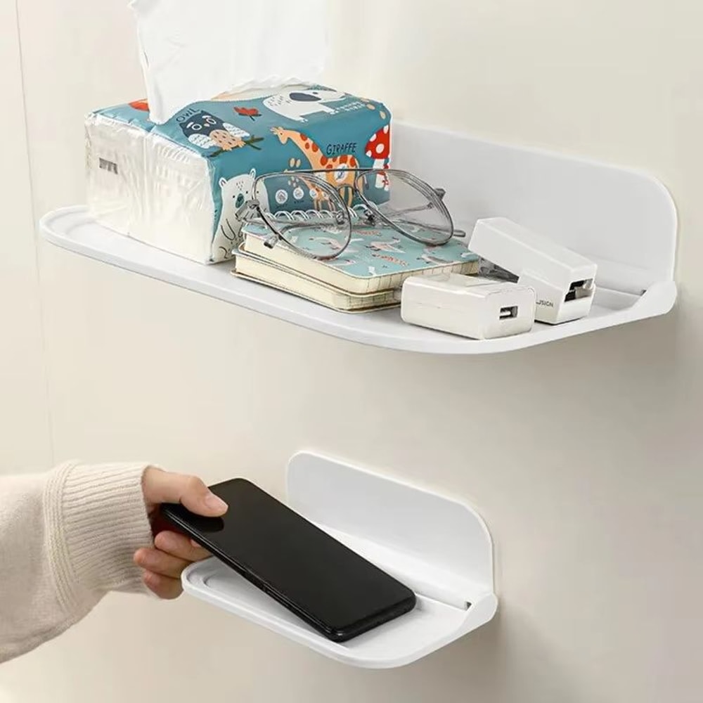 Folding Wall Mounted Storage Shelf Tray With PunchFree Installation And Phone Holder 3