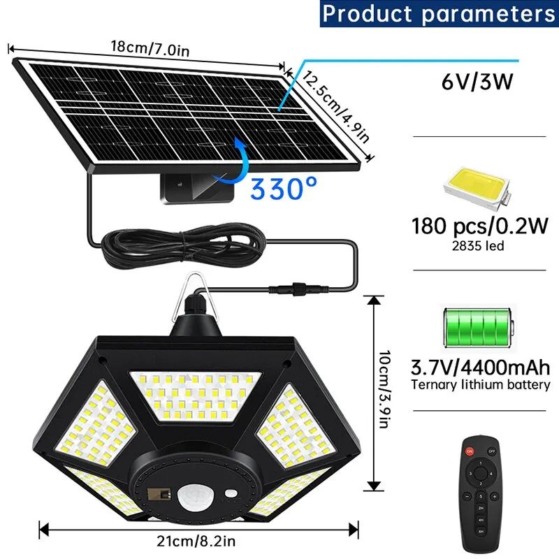 180 LED Solar Pendant Shed Light 1000 Lumen Remote Control Motion Sensor Lamp 3