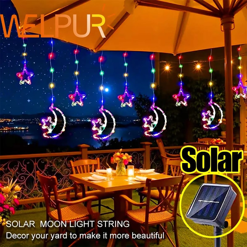 Solar 3M 120LED Star Moon Curtain String Lights Outdoor Decorative LED Fairy Lights For Garden Pati 0