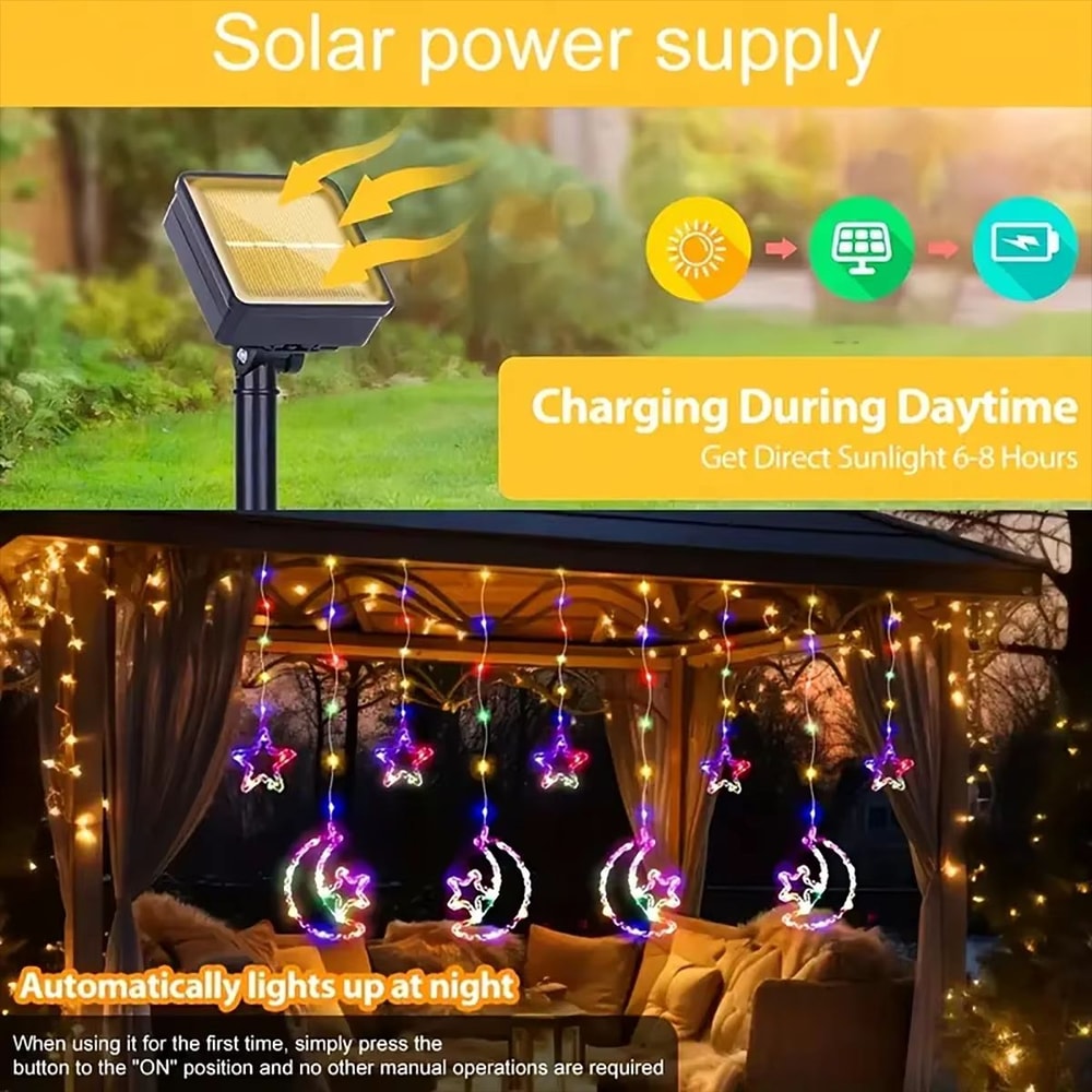 Solar 3M 120LED Star Moon Curtain String Lights Outdoor Decorative LED Fairy Lights For Garden Pati 1