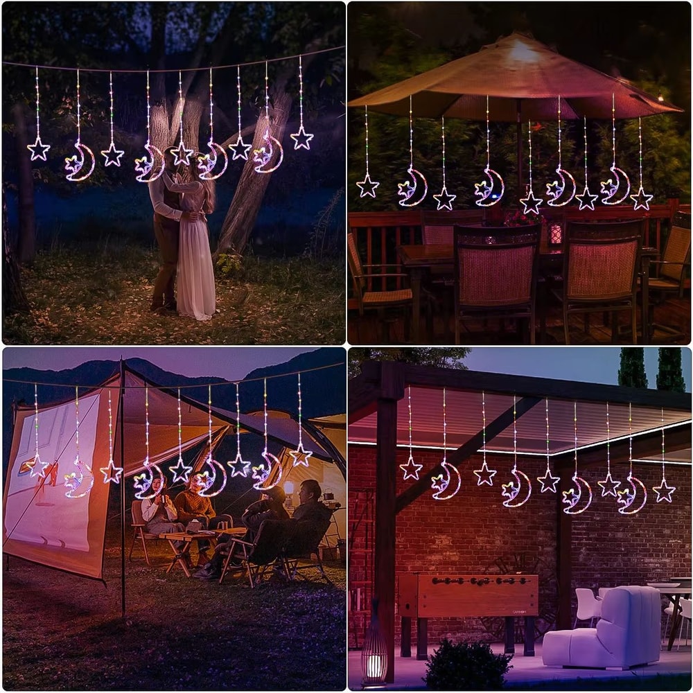 Solar 3M 120LED Star Moon Curtain String Lights Outdoor Decorative LED Fairy Lights For Garden Pati 4