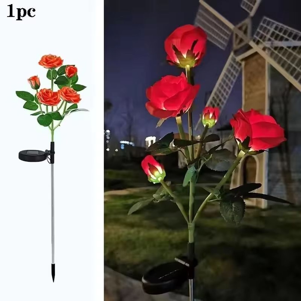 Solar 5Head Rose Flower LED Outdoor Landscape Light Waterproof Garden Lawn Yard Path Decorative Lam 9