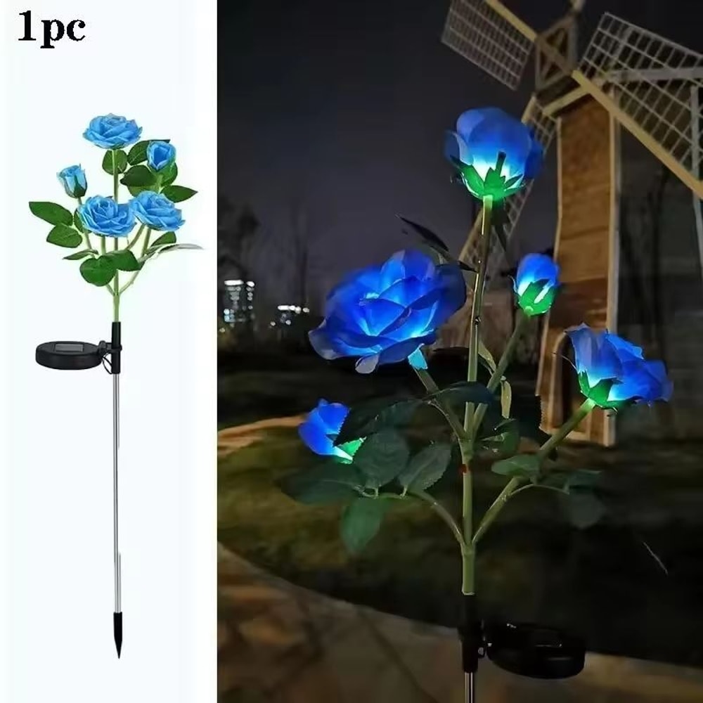 Solar 5Head Rose Flower LED Outdoor Landscape Light Waterproof Garden Lawn Yard Path Decorative Lam 10