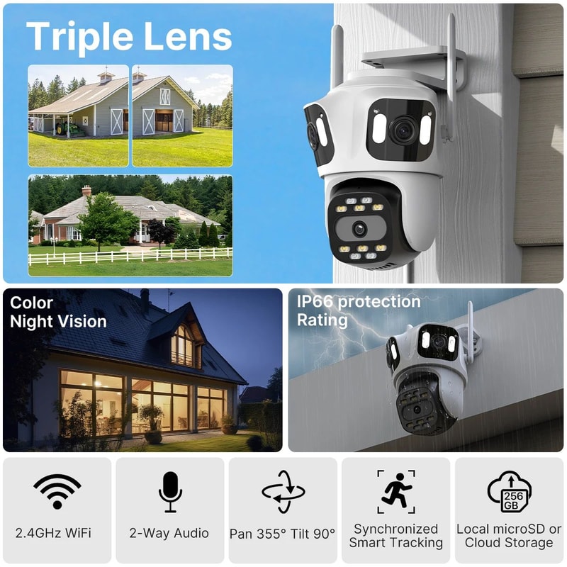 ThreeLens PTZ Outdoor WiFi IP Security Camera 6K4K AutoTracking Wireless CCTV With TripleScreen Mon 1