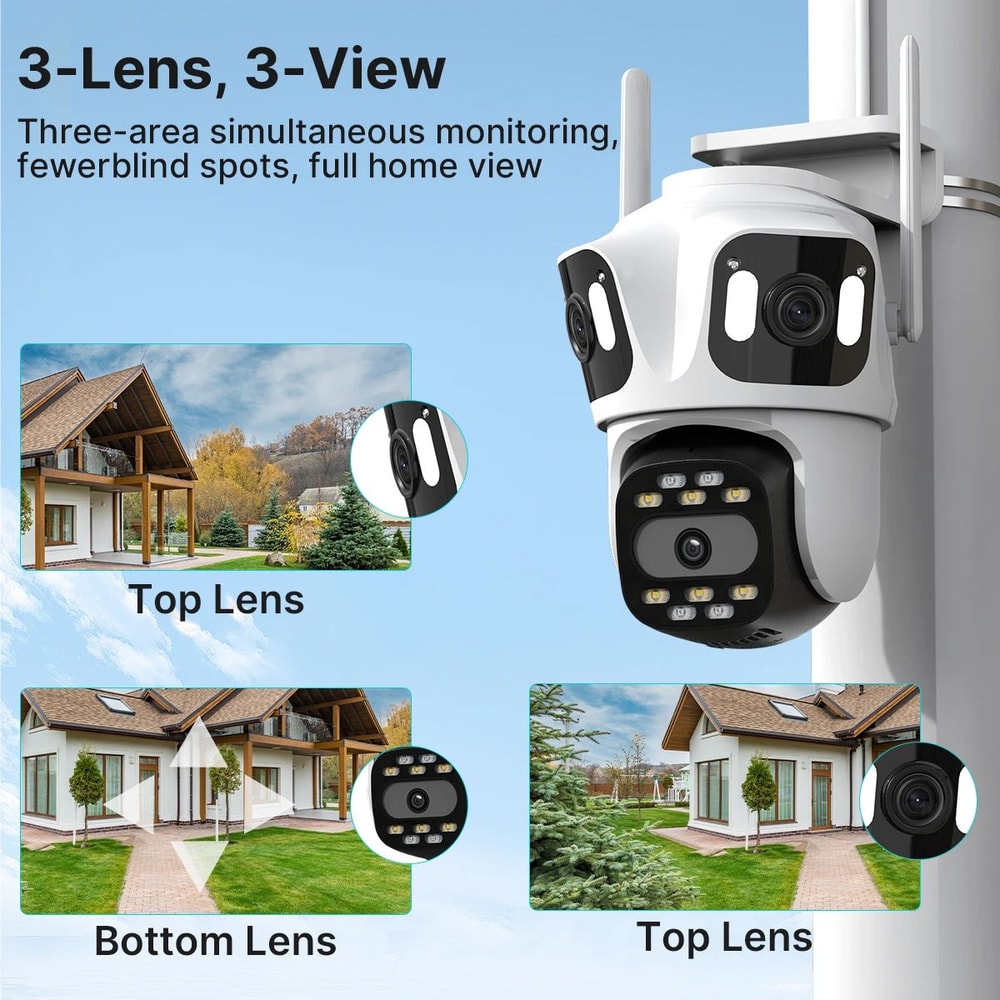 ThreeLens PTZ Outdoor WiFi IP Security Camera 6K4K AutoTracking Wireless CCTV With TripleScreen Mon 2