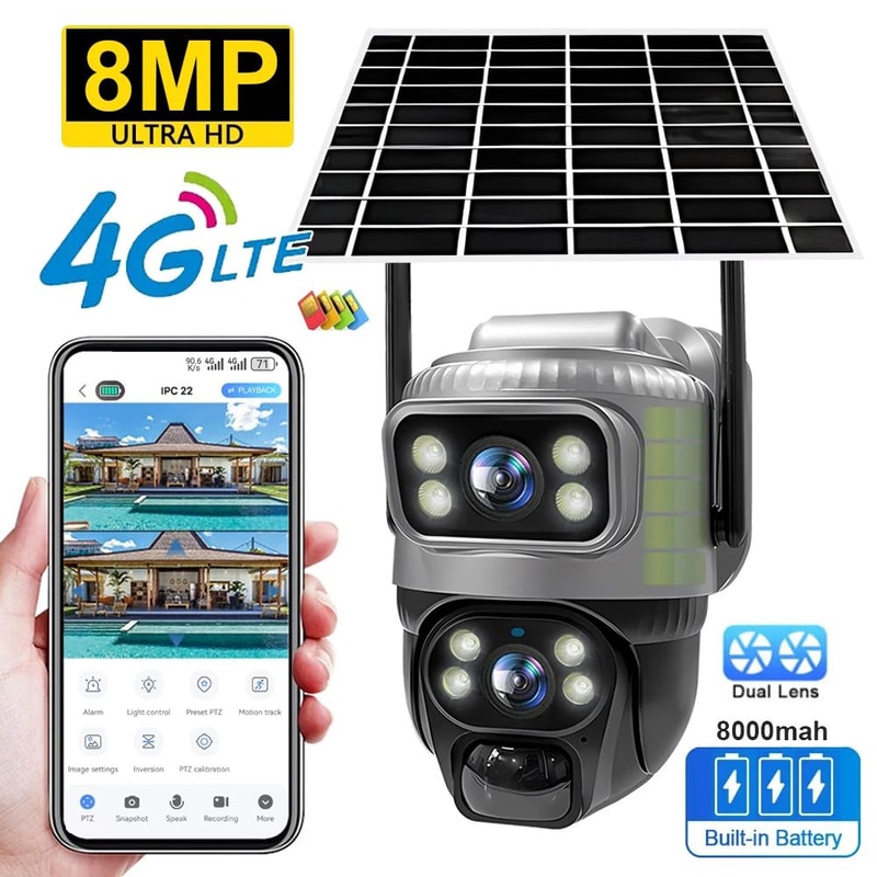 V380 8MP DualLens Solar 4G WiFi Outdoor Security Camera With PIR Human Detection 0